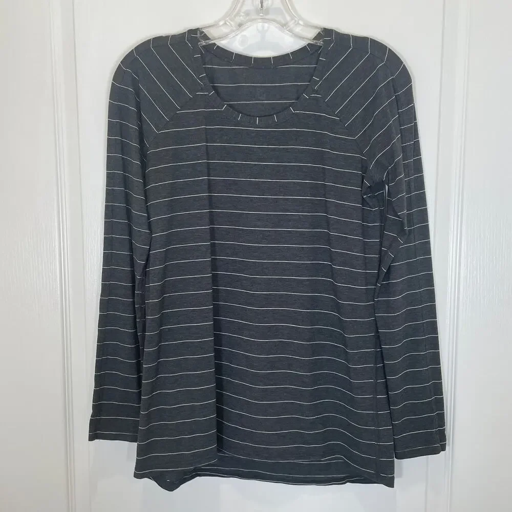 Lululemon Emerald Long Sleeve Top Gray White Stripe Pima‎ Cotton 8